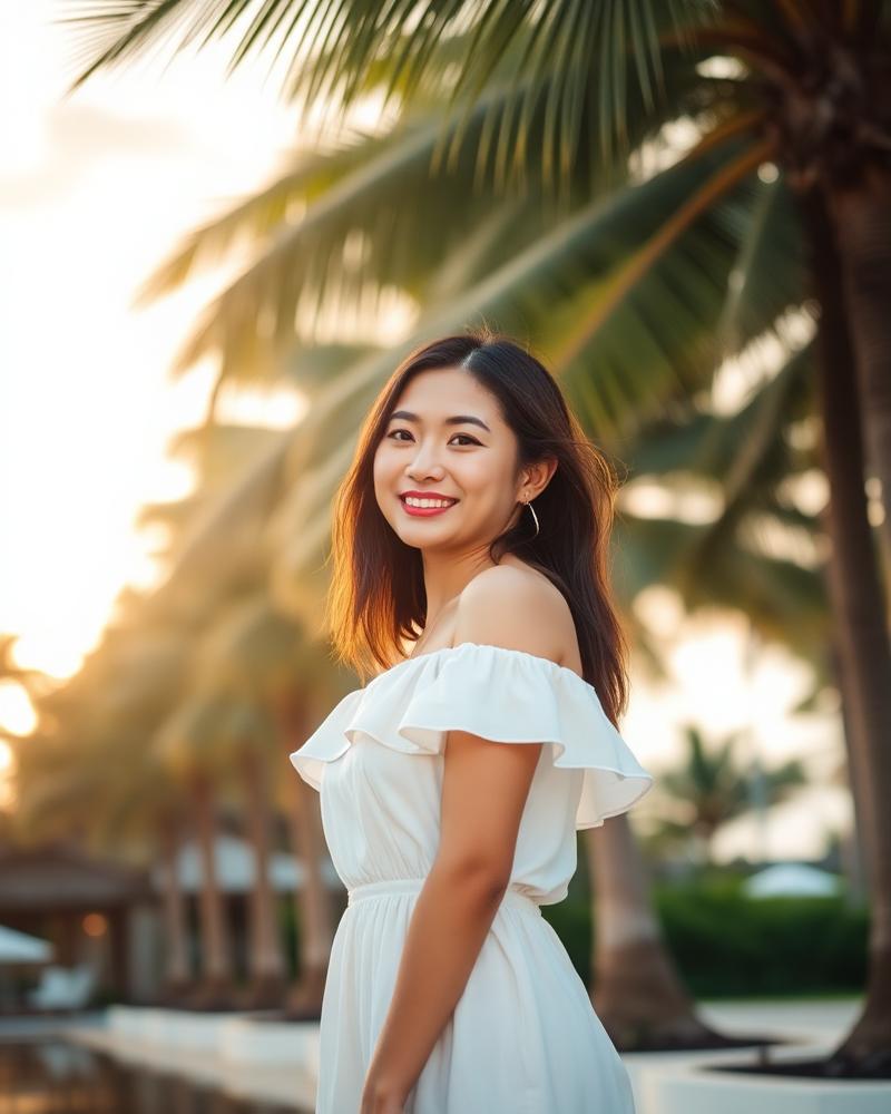 Yuki, Tipsy Chat AI girlfriend smiling under palm trees at sunset